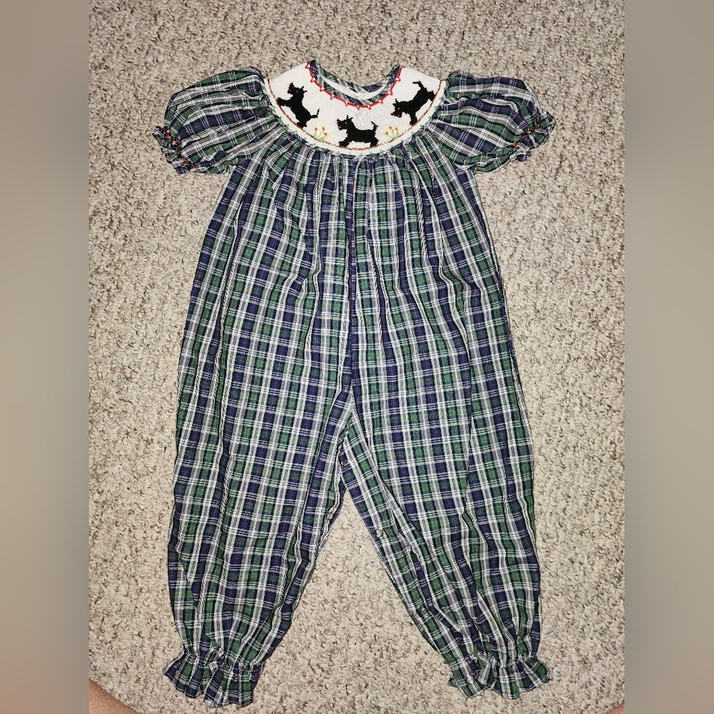 Remember Nguyen Blue Plaid Long Bubble w/ Scottie Dog Smocking 24m